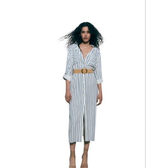 Zara Linen blend navy Striped Button-Down Dress with Belt - Picture 2 of 12
